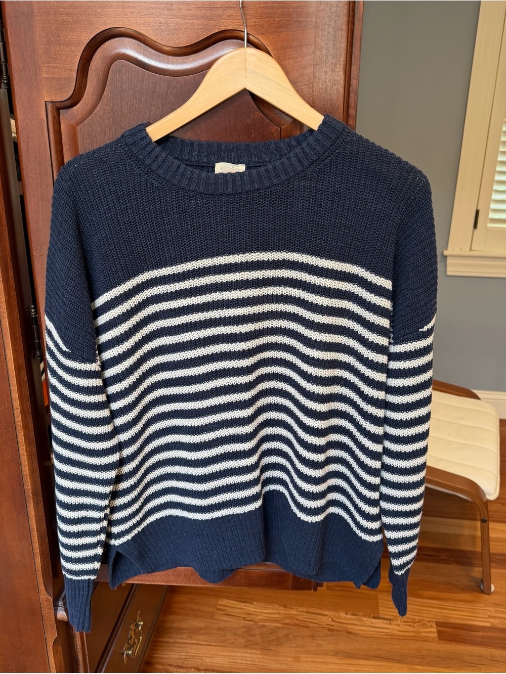 Faherty Navy and White Striped Crewneck Sweater